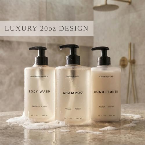 Stylish Shampoo & Conditioner Dispenser Set of 3-20oz Bottles with Pump - Image 3