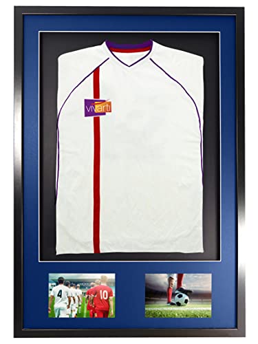 Vivarti Marco de exhibición de camiseta deportiva para camiseta de fútbol, camiseta de rugby, 61 x 91,5 cm, marco negro, soporte azul, tarjeta trasera negra