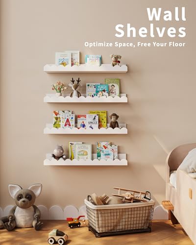 4-Pack White Floating Nursery Book Shelves for Kids' Rooms