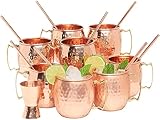 Kitchen Science Moscow Mule Copper Mugs Gift Set of 48 (16oz) β Pure Copper Hammered Barrel Style Cups w/Brass Handle, Food-Grade Lacquered Finish, Tarnish-Resistant, Includes 48 Straws & A Jigger