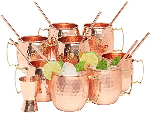 Kitchen Science Moscow Mule Copper Mugs Gift Set of 96 (16oz) &ndash; Pure Copper Hammered Barrel Style Cups w/Brass Handle, Food-Grade Lacquered Finish, Tarnish-Resistant, Includes 96 Straws & A Jigger