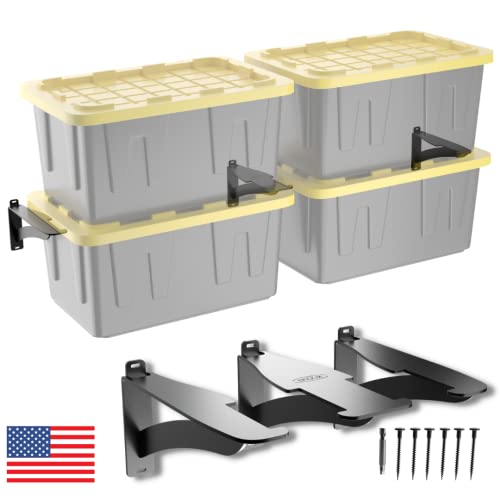 Koova Wall Mounted Tote Rack Storage System, Fits 27-Gallon Black And Yellow Commander Style Bins, Wall Mount Bracket Shelves For Garage Or Shed Organization, Heavy Duty Steel, Made In Usa (3-Piece Set) #TOP20
