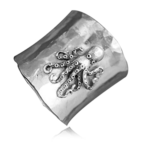 MYLYAHY S925 Sterling Silver Cuttlefish Squid Wide Bands Ring for Women Girls,Octopus Thumb Ring,Index Finger Inkfish Ring,Retro Vintage Sea Animal Ring Jewelry Gift