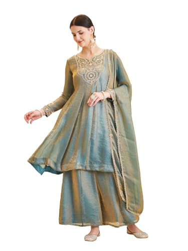 Image of MOKOSH Women's Silk Anarkali Kurta Palazzo with Dupatta | Anarkali Kurti Set | Embroidered | Sweetheart Neck Full Sleeve Ethnic Suit | 3 Piece Outfit