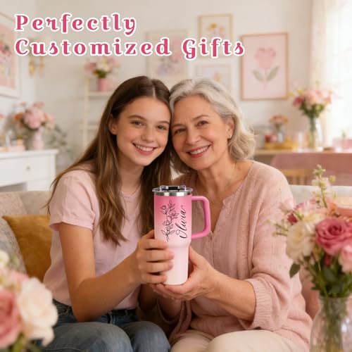 Image of Personalized 40oz Tumbler with Handle, Custom Insulated Tumblers with Name&Birth Flower, Stainless Steel Travel Coffee Mug, Personalized Gifts for Women Men Birthday Fathers Day Mothers Day