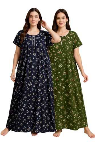 Image of Bahumaan Pure Cotton Nighty for Woman | Floral Gown for Women Nightwear with Pocket | Cotton Nighty for Women Stylish | Maxi for Women Cotton