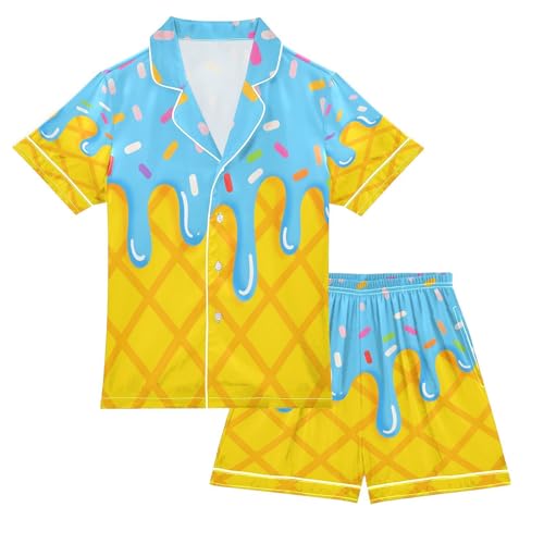 ALAZA Yellow Blue Ice Cream Satin Pajamas Set Short Sleeve Button Down Sleepwear Summer Pjs 2 Piece