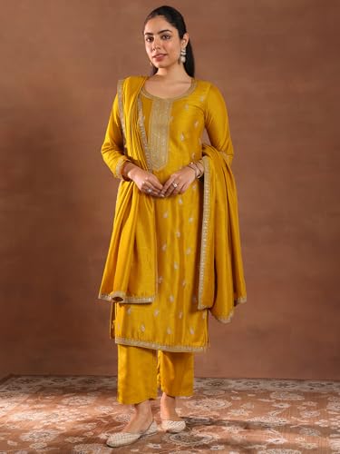 Image of Libas Embroidered Silk Blend Straight Kurta With Trouser and Dupatta