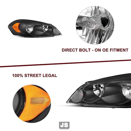 JSBOYAT Headlight Assembly Fit for 2006-2013 Chevy Impala / 2006-2007 Chevy Monte Carlo / 2014-2016 Chevy Impala Limited Driver and Passenger Side, Black Housing with Amber Reflector - Thumbnail 4