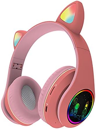 Tookie Wi-fi Bluetooth Gaming Headphones, Colourful LED Gentle Up Cat-Ear Headset, Adjustable Headband Headset with Microphone FM Radio for Smartphones/Laptop computer/PC/TV(Pink)