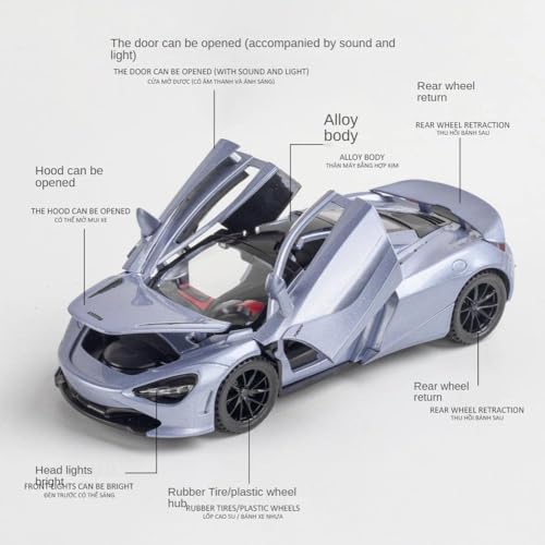 Image of Alloy Collectible Green McLaren 720s Toy Vehicle Pull Back DieCast Car Model with Lights and Sound-Grey