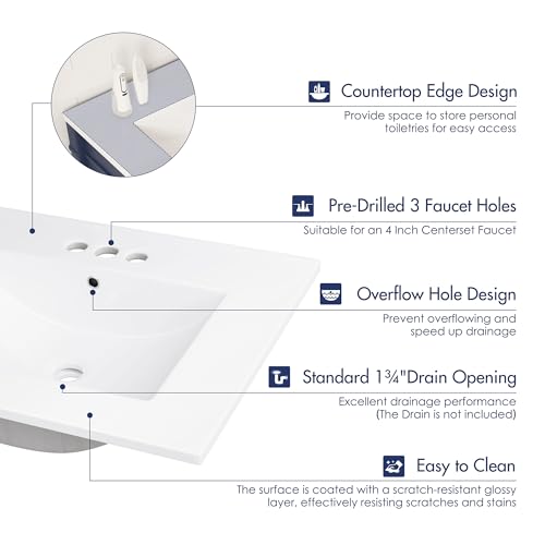 Eridanus 24 Inchx18¼ Inch Bathroom Sink With Three Holes (4 Inch Centerset), Ceramic Bathroom Vanity Sink Top With Overflow thumb #2