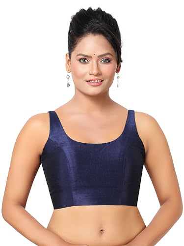 Madhu Fashion Womens Solid Pattern Sleeveless Padded Readymade Saree Blouse (Navy Blue; 40)