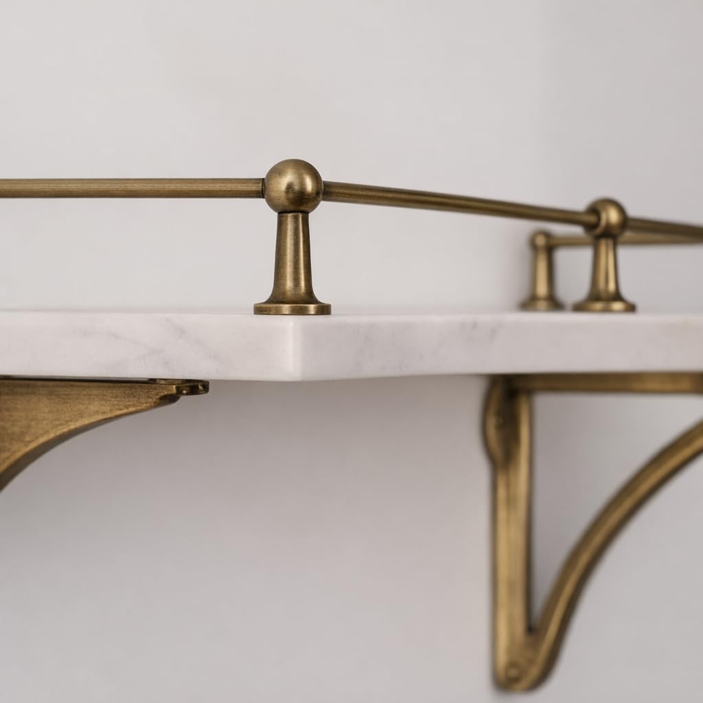 Solid Brass Gallery Shelf Rail 6mm Rod - Antique Brass, Bronze & Satin Brass - Kitchen Shelf Rail with Centre, End & Corner Brackets - 7 Antique Finishes (Venetian Brass, End Bracket)