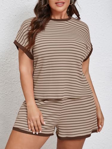 Image of Beautife Womens Plus Size Lounge Set 2 Piece Outfits Stripe Short Sleeve Shirts Tops Shorts Summer Casual Loungewear
