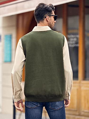 Hestenve Mens Argyle Sweater Vest V Neck Sleeveless Slim Fit Knitwear Pullover Knitted Rib Knit Tops Army Green #TOP3