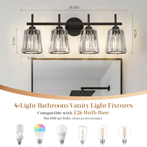 Image of Crystal Bathroom Light Fixtures Over Mirror, Black 4-Light Bathroom Vanity Lights Over Mirror Modern Wall Lighting Sconces with Ceramic E26 Base (Bulbs Not Include)