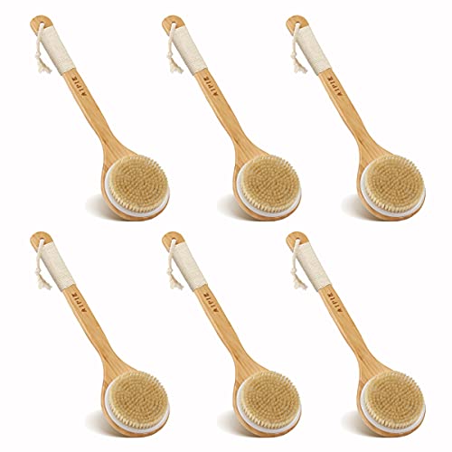AIPIE Brosse pour le Corps Poignée en Bambou Brosse de Douche Poil de Sanglier Naturel Brosse de Bain Laveur de dos pour Douche Massage Brosse de Bain 6 paquets (Poignée Antidérapante-EU) Cover