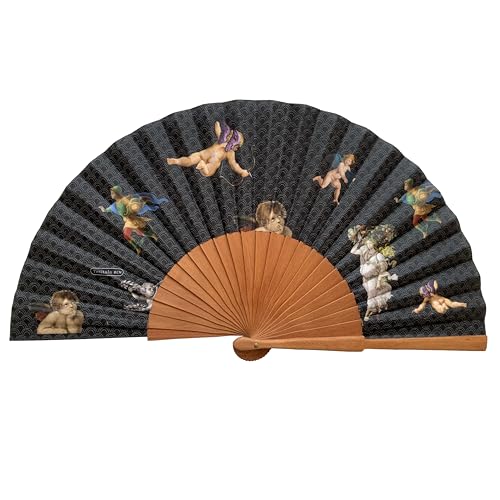 Abanico Español - Madera y Algodón - 23 cm - Estuche y Funda de Yute - Hecho a Mano en España - Eventos y Regalos - Colección Fansofart - Tusitala Barcelon (Perseo)