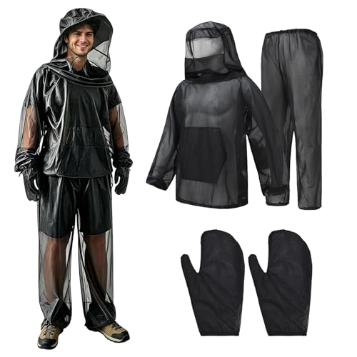 Mosquito Net Suit,Mosquito Jacket with Hood&Pants&Gloves,Bug Suit for Men Women,Outdoor Full Body Protection Lightweight Mosquito Proof Clothing for Gardening Camping Fishing Hiking