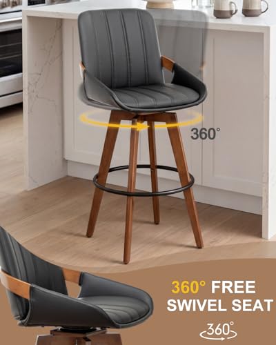 Image of AQG Black Bar Stools 26 Inch Counter Height Set of 2 Leather Counter Stools with Backs, Mid Century Modern Swivel Counter Height Stools, Upholstered Barstools Wood Frame for Kitchen Counter