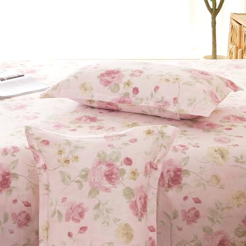 Image of Story@Home 240 TC Air Cotton King Size Bedsheet, Pink & Green, 270 x 250 cm | Air Cotton Flatsheet, Two Pillow Covers, 240 TC, Super Soft, Floral Design