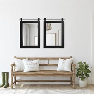 Farmhouse Mirror, Barn Door Style Rectangle Solid Wood Frame Wall Mirror Rustic Decorative Mirror for Bathroom, Entryway, Living Room, Wall Decor 28" x 22" (Black) Farmhouse Mirror Barn Door Style Rectangle Solid Wood Frame Wall Mirror Rustic Decorative Mirror for Bathroom Entryway Living Room Wall Decor 28 x 22 Black