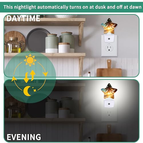Image of Sunset Beach Plug in Star Night Light, Night Light with Sensor for Kids Nursery Bedroom, Decorative Soft Glow Lamp for Hallway Bathroom, Energy Saving
