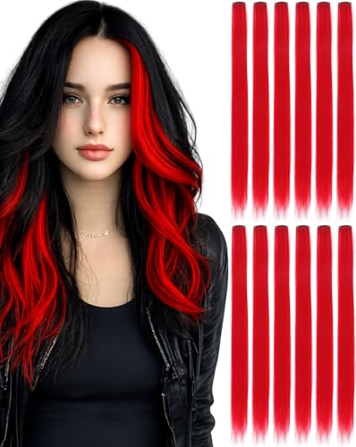 Red Clip In Hair Extensions 22 Inch 12 PCS for Parties Festivals Night Out Birthdays & Dress Up Reusable Synthetic Hair for Girls Women & Teens Gift (Red 21)