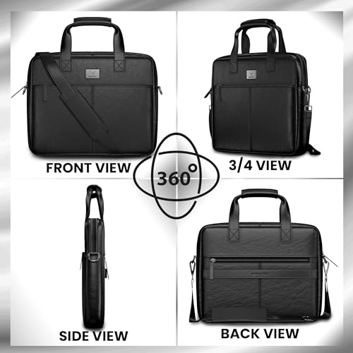 Image of REDHORNS Genuine Leather Office Bag for Men & Women | 15.6-Inch Laptop Messenger Bag | Business Bag with Handle, Padded Laptop Compartment, Adjustable Sling Strap, Zipper Closure - Black