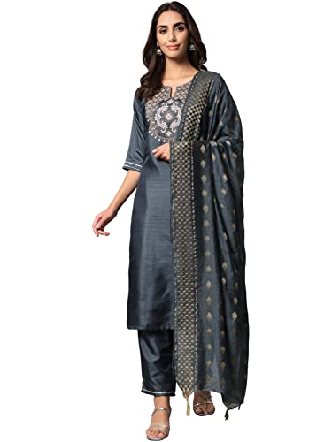 Image of VredeVogel Women's Cotton Silk Blend Embroidered Viscose Print Kurta Pant With Dupatta Set