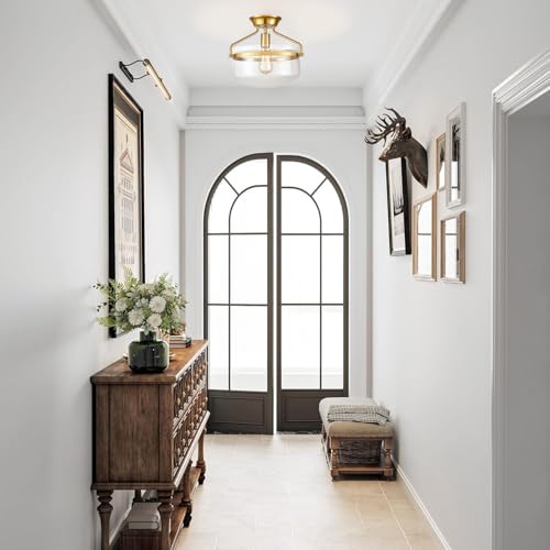 Image of Modern Gold Semi Flush Mount Ceiling Light with 13.4 inchW Dome Glass Shade
