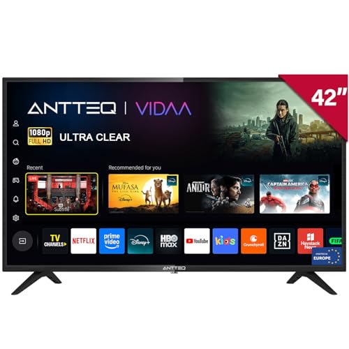 Antteq AV42F3 Fernseher 42 Zoll (106 cm) 2K D-LED Smart TV mit HD Triple Tuner (DVB-C/-S2/-T2), App Store, Netflix, Prime Video, Rakuten TV, DAZN, YouTube, UVM, WiFi, Hotelmodus
