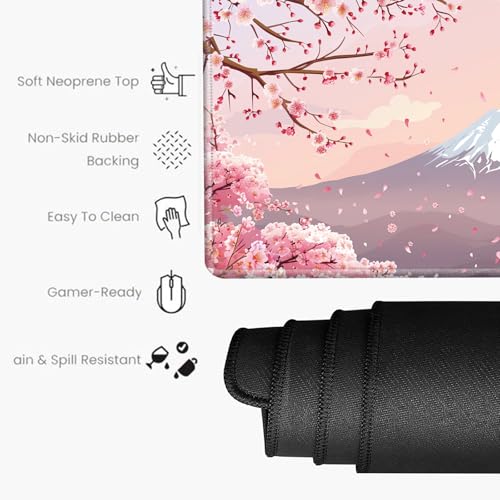 Image of Gaming Mouse Pad Large Mousepad Cherry Blossom Desk Mat XXL Big Desk Pad 31.5x15.75 Rubber Base Pink Sakura Computer Pad with Stitched Edges Mouse Mat for Work Home Office