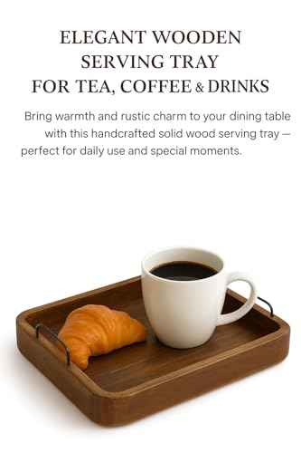Image of Craft Expertise Wooden Serving Tray Square for Tea Coffee & Drinks | Solid Wood Dining Table Tray for Home & Kitchen | Rustic Coffee & Tea Serving Tray with Handles | 10 x 10 x 1.5 Inches