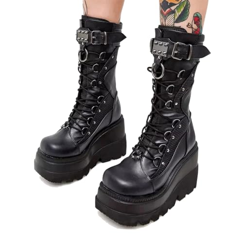 Womens Gothic Punk Platform Boots Chunky Wedge Heel Combat Boots Lace-Up and Zipper Round Toe Mid Calf Motorcycle Boot