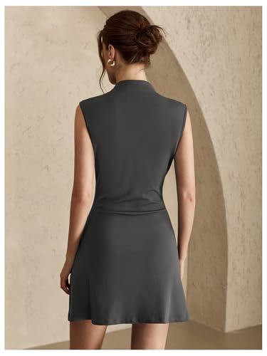 Women's Mock Neck Ruched Mini Dress Sleeveless Flared A Line Work Office Dresses2