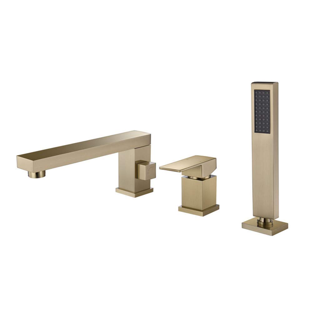 CWCQGH Bathtub Faucet with Shower, Contemporary Roman Tub Ceramic Valve Brass Bath Shower Mixer Taps Single Handle Three Holes Bathtub Taps with Shower Mixer Set,Gold,Gold