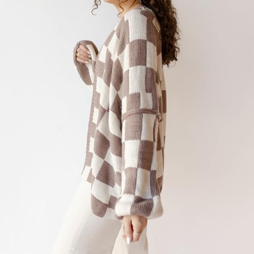 Womens Checkered Cardigan Sweater Loose Long Sleeve Open Front Sweater Knit Coat Casual Oversized Plaid Cardigan Tops4