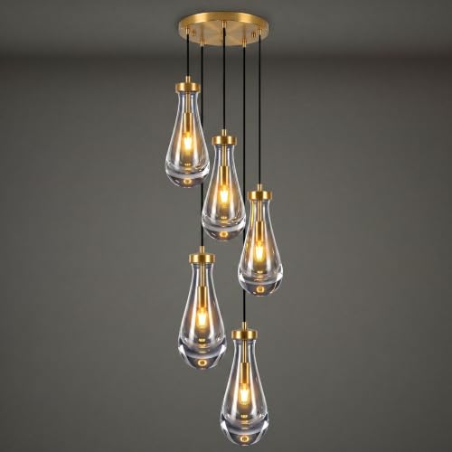 Gold Raindrop High Ceiling Chandelier - 5-Light 360° Luxury K9 Crystal