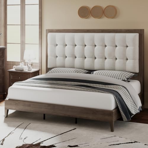 Image of Jocisland Queen Bed Frame Solid Wood,50 inch Upholstered Headboard,Ash Gray