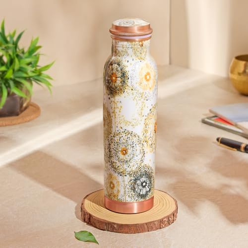 Image of Borosil 950 ml Thirtha Series Vesta Design Copper Bottle | 100% Pure Copper, BPA Free & Leakproof with Anti-Oxidant Properties of Copper | Printed Designer Bottle for Home, School & Office