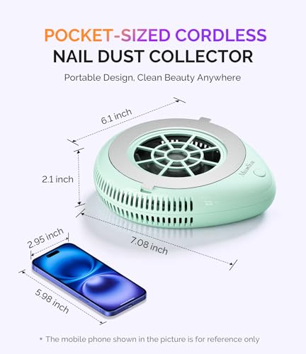 Image of MelodySusie Compact Cordless Nail Dust Collector, PProR 6000RPM Mini Nail Vacuum Fan with 3 Suction Modes and 30 Disposable Filter Papers for DIY & Daily Nail Care,Green