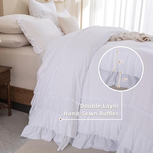 Image of QSH Oversized King Comforter Set 120x120, White Farmhouse Ruffled Bed Comforter Shabby French Country Rustic Vintage Bedding Comforter Microfiber Soft Lightweight Fluffy Bedding 3 PCs