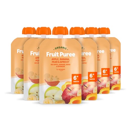 Amazon-Marke: Mama Bear Bio Gemüsemischung (Apfel, Birne, Banane und Aprikose), vegetarisch, 90g (6er-Pack)