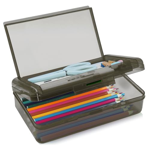 Image of 1 Pack Double Layer Hard Pencil Cases, Plastic Translucent Pencil Box with Snap-Tight Lid for Pens, Pencils, School, Stylish Office Supplies Storage Organizer Box, Medium-sized