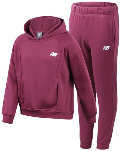 New Balance Girls Sweatsuit Set - 2 Piece Active Fleece Hooded Sweatshirt for Girls and Jogger Sweatpants (Sizes 7-12)