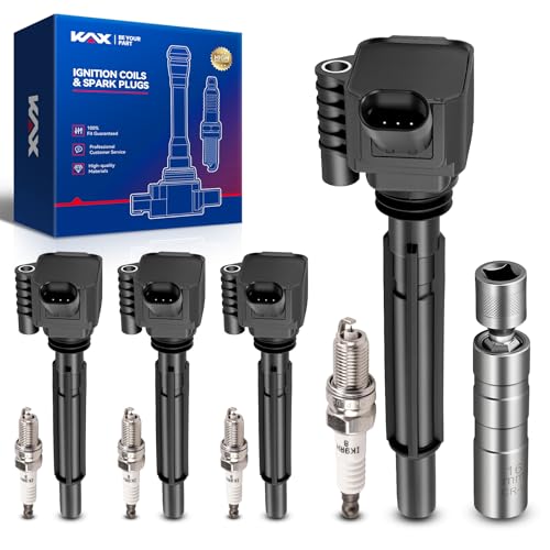 Image of KAX 4 Ignition Coils & 4 Spark Plugs Set for Dodge Dart 2013-2016 1.4T | (w / Magnetic Swivel Spark Plug Socket) Fits Fiat 500 2012-2017 1.4T, Replaces UF673