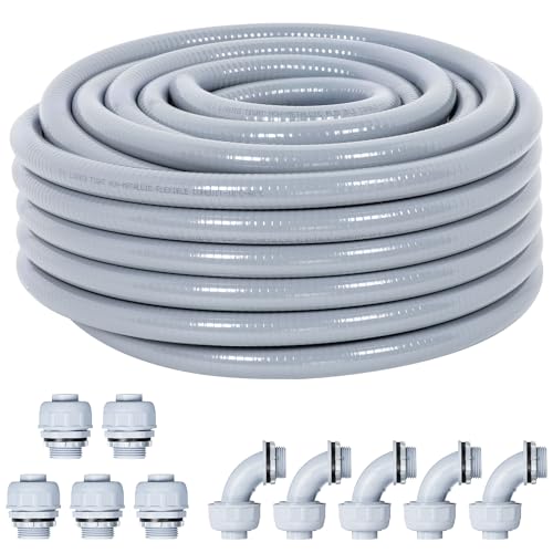 Neoaider 1/2 Inch 50FT Liquid Tight Conduit Kit, Flexible Non Metallic Electrical Conduit, with 5 Straight and 5 Angle Fittings, Suitable for Outdoor Lighting