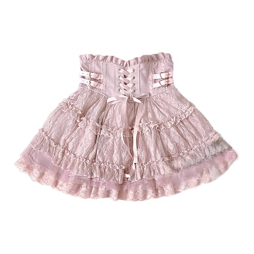 Cuteighteen Lolita Falda corta con volantes para mujeres y adolescentes, japonesa Y2K, kawaii, cintura alta, elástica, con cordones, con vuelo, lindas faldas, Rosa, Talla única